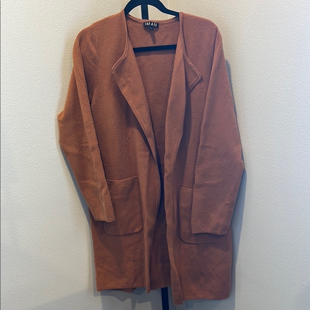 IMAN Tan Cardigan Sweater Longline Open Front